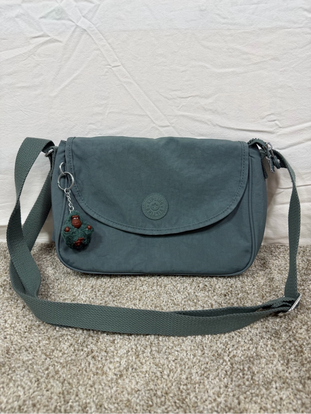 Kipling Crossbody Shoulder Bag Slate Gray Nylon Flap Monkey Charm
